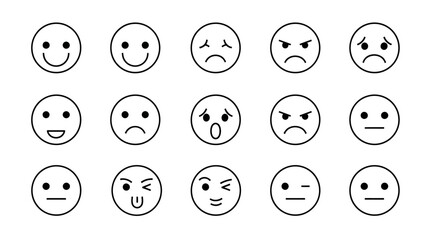 Collection of simple line drawing emoji faces showing various emotions.