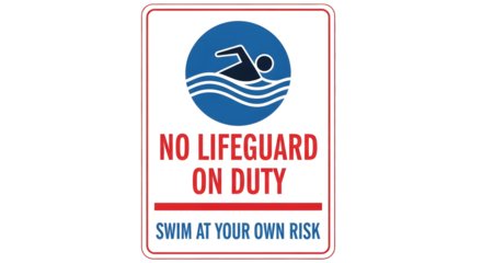 No Lifeguard on Duty Warning Sign on Transparent Background, Swim at Your Own Risk Pool Safety Graphic, Vertical Blue and Red Swimming Warning Sign Illustration, Isolated Lifeguard Absence Safety Sign