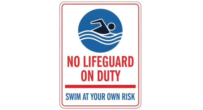 No Lifeguard on Duty Warning Sign on Transparent Background, Swim at Your Own Risk Pool Safety Graphic, Vertical Blue and Red Swimming Warning Sign Illustration, Isolated Lifeguard Absence Safety Sign