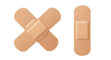 Two Crossed and Single Adhesive Bandages on Transparent Background, Realistic Beige Band-Aids Illustration, Medical Wound Care Bandage Cutout Graphic, Soft Fabric Bandages Mockup, Isolated First Aid