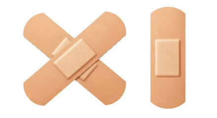 Two Crossed and Single Adhesive Bandages on Transparent Background, Realistic Beige Band-Aids Illustration, Medical Wound Care Bandage Cutout Graphic, Soft Fabric Bandages Mockup, Isolated First Aid