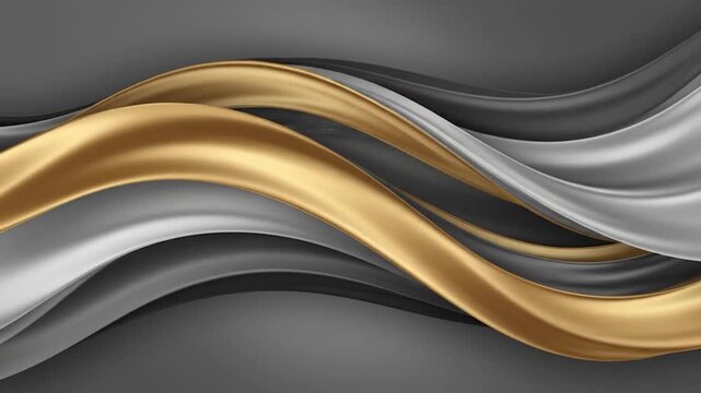 Abstract flowing fabric design with gold, silver, and black, on a gradient gray background
