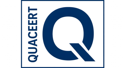 QUACERT Logo with Stylized Q on Transparent Background, Vertical Text and Abstract Q Graphic, Dark Blue QUACERT Branding Illustration, Isolated QUACERT Logo Mockup, Modern Corporate QUACERT Emblem