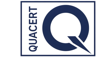 QUACERT Logo with Stylized Q on Transparent Background, Vertical Text and Abstract Q Graphic, Dark Blue QUACERT Branding Illustration, Isolated QUACERT Logo Mockup, Modern Corporate QUACERT Emblem