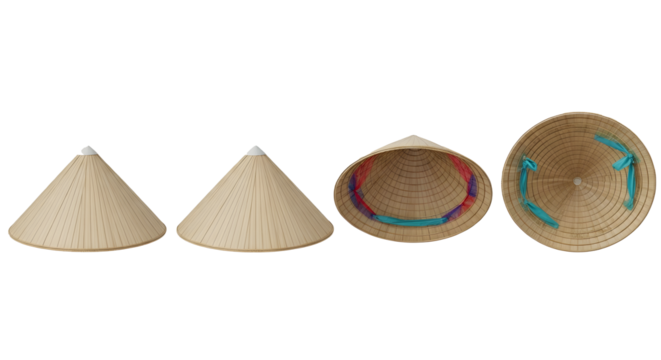 Row of Four Vietnamese Conical Hats on Transparent Background, Nón Lá Traditional Straw Hat Illustration, Side-by-Side Conical Hats Cutout Graphic, Isolated Asian Woven Hats Mockup, Detailed Woven Nón