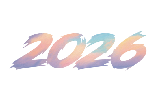 Bold holographic brush stroke style year 2026 text design with a vibrant iridescent gradient isolated on transparent background