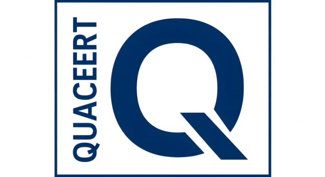 QUACERT Logo with Stylized Q on Transparent Background, Vertical Text and Abstract Q Graphic, Dark Blue QUACERT Branding Illustration, Isolated QUACERT Logo Mockup, Modern Corporate QUACERT Emblem
