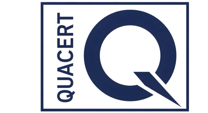 QUACERT Logo with Stylized Q on Transparent Background, Vertical Text and Abstract Q Graphic, Dark Blue QUACERT Branding Illustration, Isolated QUACERT Logo Mockup, Modern Corporate QUACERT Emblem