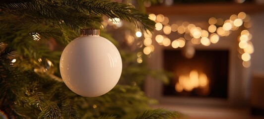 The Christmas bauble on a fir branch with glowing fireplace and bokeh lights