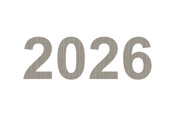 The year 2026 displayed in large textured metallic numbers with a subtle grunge effect isolated on transparent background