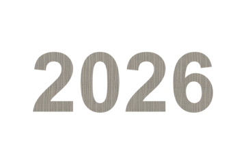 The year 2026 displayed in large textured metallic numbers with a subtle grunge effect isolated on transparent background