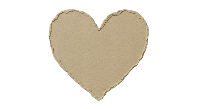 Heart-Shaped Textured Paper Cutout, Rustic Beige Heart Illustration on Transparent Background, Rough Edged Heart Shape PNG, Isolated Heart-Shaped Cardboard or Paper, Matte Granular Heart Design