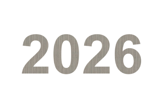 The year 2026 displayed in large textured metallic numbers with a subtle grunge effect isolated on transparent background