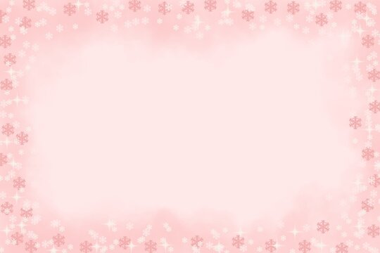 Pink Snowflake Frame Background. Soft pastel pink background with white snowflake decorations around the edges, ideal for Christmas cards, invitations, or festive designs.