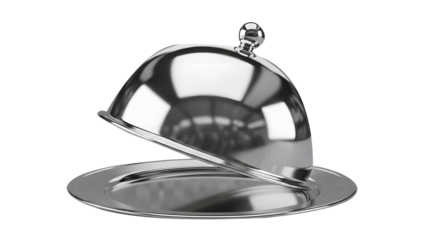 Silver Serving Platter with Cloche PNG, Chrome 3D Rendered Dome Set, Isolated Metallic Serving Plate and Lid, Polished Silver Cloche Graphic, Luxury Tableware 3D Cutout