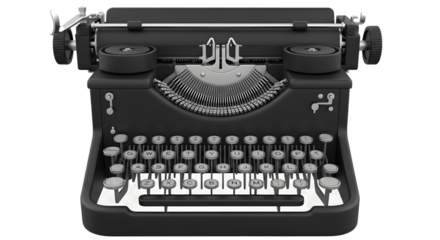 Vintage Black Typewriter PNG, Retro Mechanical Desktop Typewriter, 3D Rendered Classic Typewriter, Isolated Old-Fashioned Typewriter, High-Resolution Antique Typewriter Graphic