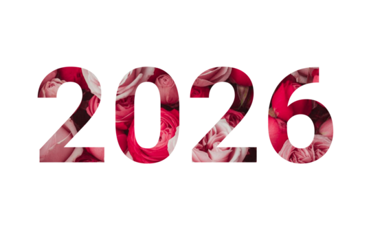 Bold red and pink floral pattern fills the numbers of the year 2026 isolated on transparent background