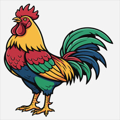 Fototapeta premium Vibrant rooster standing against a clean white background with colorful plumage and a bold appearance.