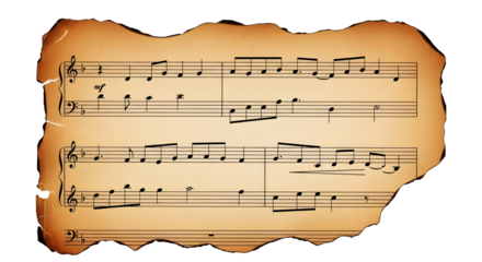 Aged Sheet Music PNG, Vintage Music Notes, Burnt Paper Music Score, Torn Manuscript, Isolated Musical Notation