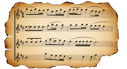 Aged Sheet Music PNG, Vintage Music Notes, Burnt Paper Music Score, Torn Manuscript, Isolated Musical Notation