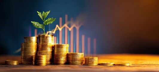 The gold coins symbolizing financial growth with a sprouting plant and rising graph
