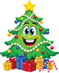 Joyful Christmas tree with gifts and candy canes