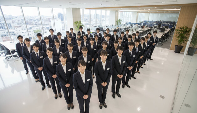 ビジネスシーン：整列する新入社員、若手社員の集合写真