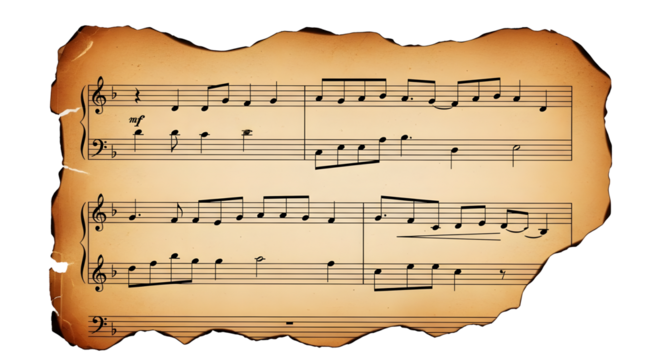 Aged Sheet Music PNG, Vintage Music Notes, Burnt Paper Music Score, Torn Manuscript, Isolated Musical Notation