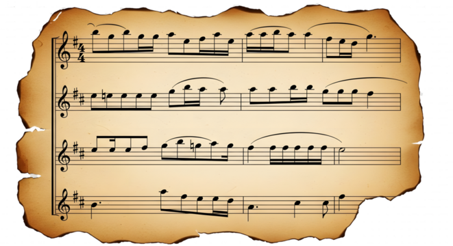 Aged Sheet Music PNG, Vintage Music Notes, Burnt Paper Music Score, Torn Manuscript, Isolated Musical Notation