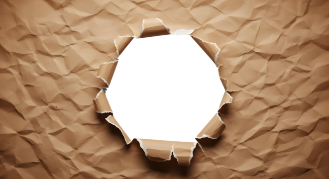 Torn Paper PNG, Crumpled Kraft Paper, Hexagonal Hole Cutout, Vintage Paper Texture, Isolated Paper Graphic