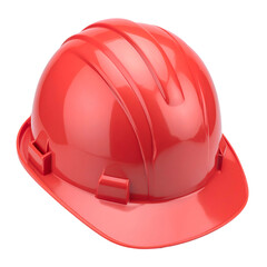 Fototapeta premium A bright red construction helmet, glossy and isolated on a black background