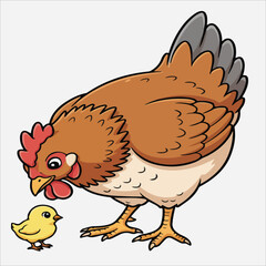 Naklejka premium A brown hen standing next to a small yellow chick against a clean white background with a cartoonish style and warm tones.