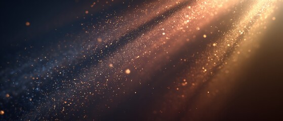 Abstract golden glowing particles background with light rays and sparkling bokeh. Magical shimmering glitter for festive events.