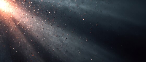 Abstract cinematic background with glowing golden particles illuminated by bright light rays against a dark, atmospheric backdrop.