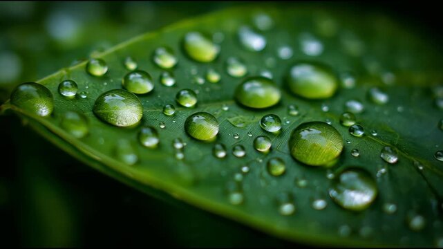 Macro view of fresh morning dew drops glistening on a vibrant green leaf, symbolizing freshness, nature, and organic growth
