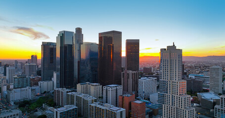 Aerial drone view of Los Angeles. LA cityscape. America, USA, California LA city theme.