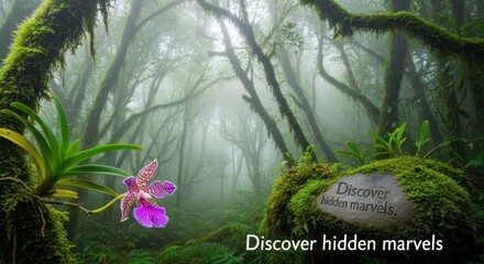 Purple Orchid Blooming in a Misty Forest Landscape