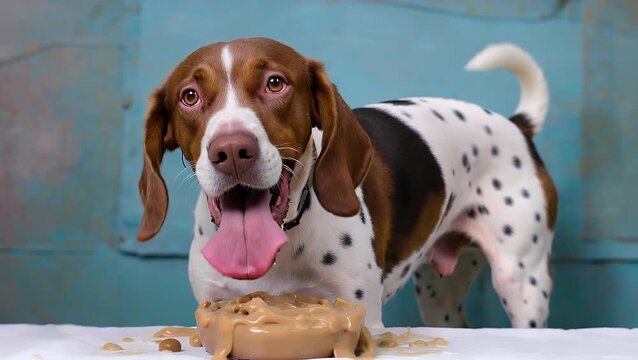 Canine of the Coonhound Breed Demonstrating a Fondness for Peanut Butter by Licking It with Its Tongue