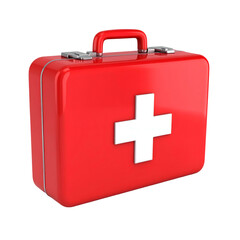 Obraz premium A red, glossy medical kit with a white cross, isolated on a black background