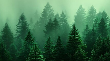 Fototapeta premium Misty Evergreen Forest A Serene Landscape of Towering Trees 1.