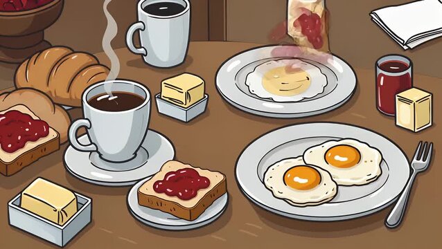 Cartoon Icon Set Depicting Various Classic French Cafe Meals and Restaurant Breakfast Food
