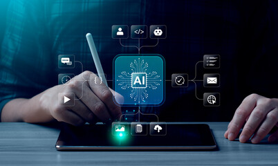 AI workflow automation and AI agent data tools concept with businessman using digital tablet and stylus interacting with artificial intelligence interface for process optimization, machine learning