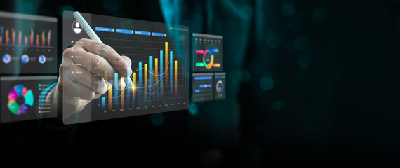 Financial data visualization with digital charts and analytics dashboard, showing business growth, performance metrics, and innovation, representing financial analysis, big data, business intelligence