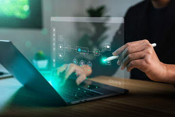 AI agent data tools and workflow automation concept with businessman using digital tablet and stylus interacting with intelligent process interface for artificial intelligence development, integration