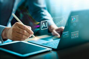 Artificial intelligence data visualization with person using tablet and digital pen, showing AI chip, analytics dashboard, and futuristic charts representing machine learning, big data, and innovation