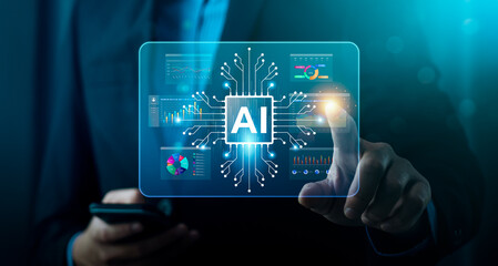 Artificial intelligence and digital data analysis concept with businessman using AI interface to visualize charts and analytics dashboard, representing innovation, automation, smart business solutions