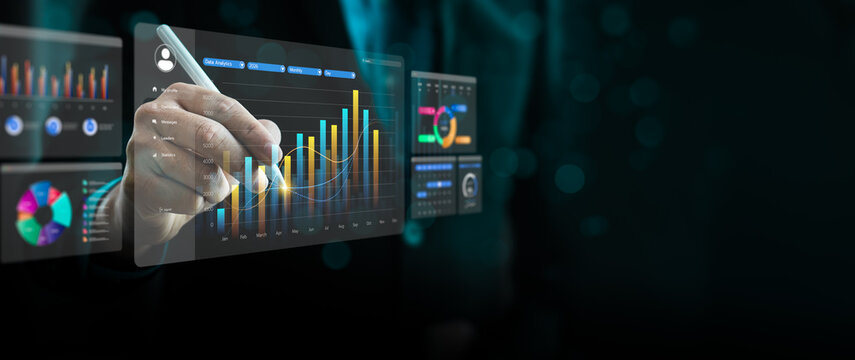 Financial data visualization with digital charts and analytics dashboard, showing business growth, performance metrics, and innovation, representing financial analysis, big data, business intelligence