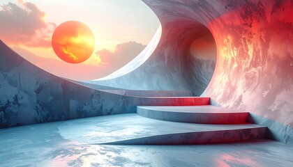 Abstract architectural passage with steps leading to a sunset view