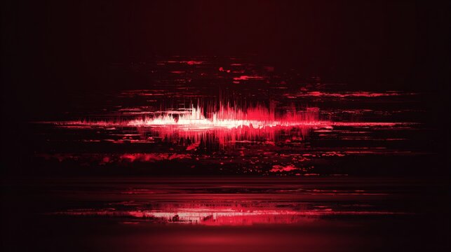 Vibrant abstract red light waves reflecting on a dark surface, resembling a digital equalizer sound visualization.