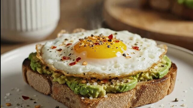 a perfectly fried egg is on top a slice of toasted bread with fresh avocado